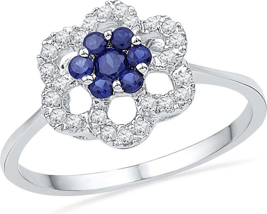 10kt White Gold Womens Round Lab-Created Blue Sapphire & Diamond Cluster Fashion Ring 1/8 Cttw
