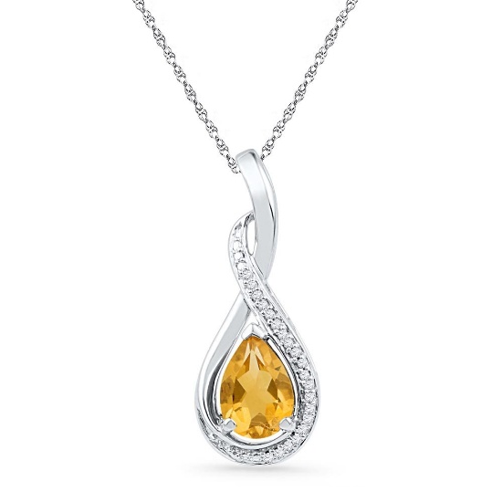 Sterling Silver Womens Oval Lab-Created Citrine Solitaire Diamond Frame Twist Pendant 1-1/6 Cttw