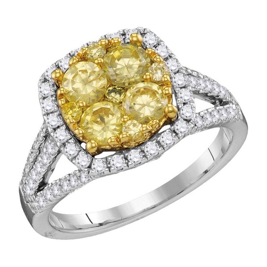 14kt White Gold Womens Round Yellow Diamond Cluster Bridal Wedding Engagement Ring 2-1/5 Cttw