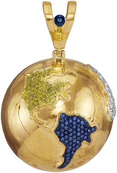 10kt Yellow Gold Mens Round Blue Colored Diamond Globe Planet Earth Charm Pendant 1-1/8 Cttw