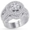 Bridal 14K White Gold Flower Cluster Pave Xl Diamond Engagement Wedding Ring Set 3 pc 2 1/2 CT