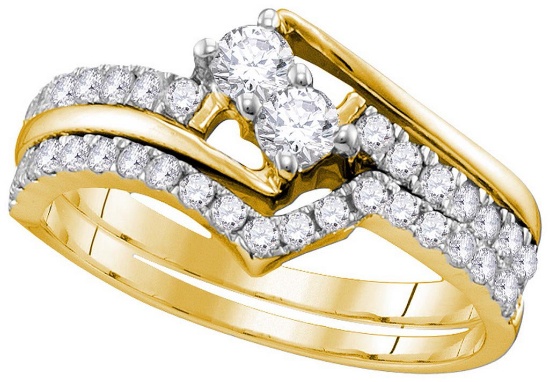 14kt Yellow Gold Womens Round 2-Stone Diamond Hearts Together Bridal Wedding Engagement Ring Band Se