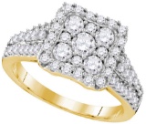 10kt Yellow Gold Womens Round Diamond Square Cluster Halo Bridal Wedding Engagement Ring 1-1/5 Cttw