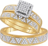 10kt Yellow Gold His & Hers Round Diamond Square Cluster Matching Bridal Wedding Ring Band Set 1/2 C