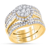 14K Yellow Gold Bridal Flower Halo Baguette Diamond Engagement Ring Set 2 CT