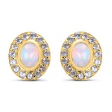 14K Yellow Gold Plated 2.01 Carat Genuine Ethiopian Opal and Tanzanite .925 Sterling Silver Earrings