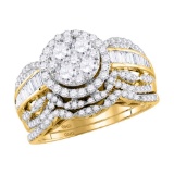 14kt Yellow Gold Womens Round Diamond Cluster Halo Bridal Wedding Engagement Ring Band Set 1-3/8 Ctt