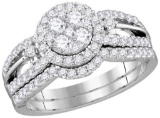 14kt White Gold Womens Round Diamond Cluster Bridal Wedding Engagement Ring Band Set 1.00 Cttw