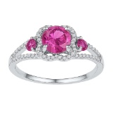 Sterling Silver Womens Round Lab-Created Pink Sapphire 3-stone Diamond-accent Ring 1-5/8 Cttw