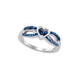 Sterling Silver Womens Round Blue Colored Diamond Double Row Heart Ring 1/10 Cttw