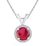 Sterling Silver Womens Round Lab-Created Ruby Solitaire Diamond-accent Pendant 1-1/10 Cttw