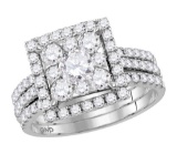 Bridal 14K White Gold 4 Prong Halo Real Diamond Engagement Ring Set 2 CT