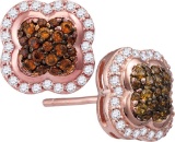 10kt Rose Gold Womens Round Cognac-brown Colored Diamond Quaterfoil Cluster Stud Earrings 1/2 Cttw