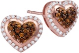 10kt Rose Gold Womens Round Cognac-brown Colored Diamond Heart Cluster Screwback Earrings 1/2 Cttw