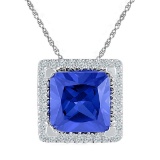 Sterling Silver Womens Princess Lab-Created Blue Sapphire Solitaire Square Frame Diamond Pendant 1-7
