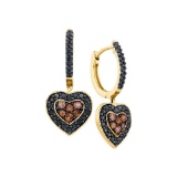 14kt Yellow Gold Womens Round Black Colored Diamond Heart Cluster Earrings 5/8 Cttw