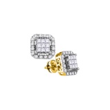 14kt Yellow Gold Womens Princess Diamond Square Frame Cluster Stud Earrings 1.00 Cttw