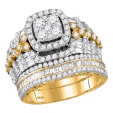 Womens 14K Yellow Gold Halo Cluster Cushion Diamond Engagement Ring Set 2.5 CT
