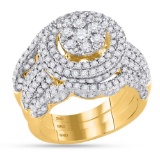 Bridal 14K Yellow Gold Flower Cluster Pave Xl Diamond Engagement Wedding Ring Set 3 pc 2 1/2 CT