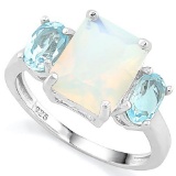 2 2/3 CARAT CREATED FIRE OPAL & 2 CARAT BABY SWISS BLUE TOPAZ 925 STERLING SILVER RING