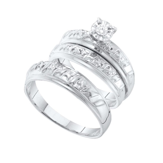 14kt White Gold His & Hers Round Diamond Solitaire Matching Bridal Wedding Ring Band Set 1/12 Cttw