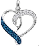 Sterling Silver Womens Round Blue Colored Diamond Heart Love Pendant 1/5 Cttw