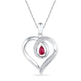 10kt White Gold Womens Pear Lab-Created Ruby Diamond Heart Pendant 1/20 Cttw