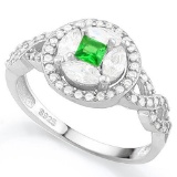 CREATED EMERALD 925 STERLING SILVER HALO RING