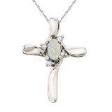 Opal and Diamond Cross Necklace Pendant 14k White Gold