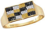 10kt Yellow Gold Mens Round Black Yellow Colored Diamond Checkered Cluster Ring 1/4 Cttw