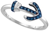 Sterling Silver Womens Round Blue Colored Diamond Anchor Ring 1/20 Cttw