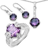 11.36 Carat Genuine Amethyst .925 Sterling Silver Ring, Pendant and Earrings Set