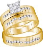 Bridal Men's 14K Yellow Gold Cluster His Her Wedding Engagement Ring Trio Set .62 CT