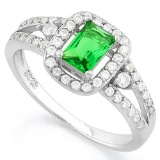 2/3 CARAT CREATED EMERALD & 1/2 CARAT (46 PCS) FLAWLESS CREATED DIAMOND 925 STERLING SILVER HALO RIN