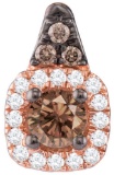 14kt Rose Gold Womens Round Cognac-brown Colored Diamond Halo Solitaire Pendant 1/4 Cttw