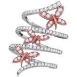 18kt White Gold Womens Round Diamond Triple Butterfly Bug Coil Ring 1-1/20 Cttw