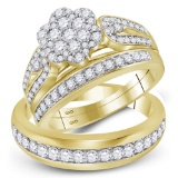 10kt Yellow Gold His & Hers Round Diamond Cluster Matching Bridal Wedding Ring Band Set 1-1/3 Cttw