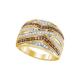 10kt Yellow Gold Womens Round Cognac-brown Colored Diamond Striped Cocktail Ring 1/2 Cttw