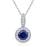 10kt White Gold Womens Round Lab-Created Blue Sapphire Solitaire Diamond Frame Pendant 1/6 Cttw