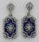 Victorian Style Blue Lapis and Diamond Filigree Earrings - Sterling Silver