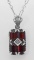 Art Deco Garnet Filigree Diamond Pendant 18 Inch Chain - Sterling Silver