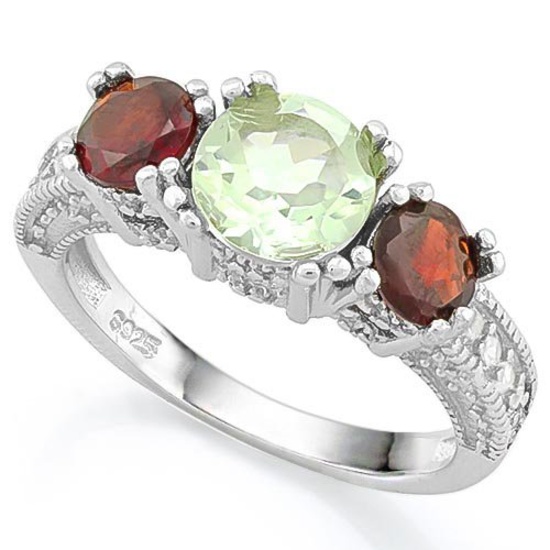 GREEN AMETHYST & 2 1/2 CARAT GARNET 925 STERLING SILVER RING