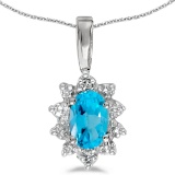 Certified 14k White Gold Oval Blue Topaz And Diamond Pendant 0.41 CTW