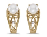 Certified 14k Yellow Gold Pearl And Diamond Earrings 0.01 CTW