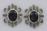 Victorian Style Red Garnet Marcasite Earrings - Large - Sterling Silver