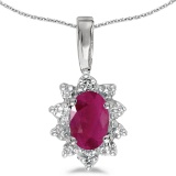 Certified 14k White Gold Oval Ruby And Diamond Pendant 0.37 CTW