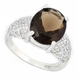 4 CARAT SMOKEY TOPAZ & GENUINE DIAMONDS 925 STERLING SILVER RING