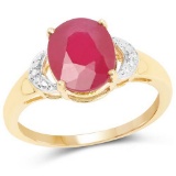 14K Yellow Gold Plated 4.01 Carat Glass Filled Ruby and White Diamond .925 Sterling Silver Ring