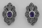 Victorian Style Amethyst Marcasite Earrings - Sterling Silver