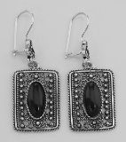 Classic Antique Style Rectangular Black Onyx Earrings - Sterling Silver